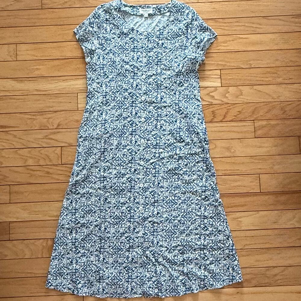 VTG 90s Norm Thompson Linen Blend Maxi Dress L Blue Cream Button Front Coastal